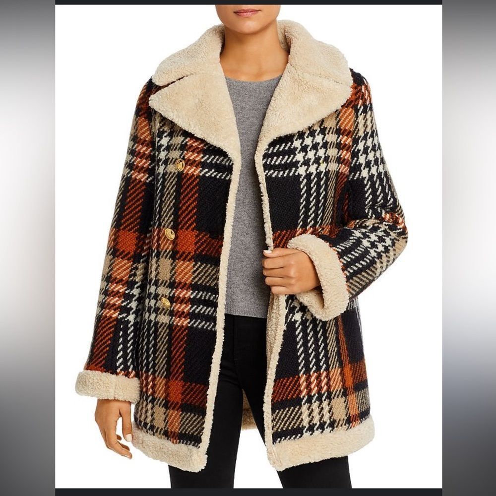 Tory Burch Plaid Shearling Blanket Madras Coat
